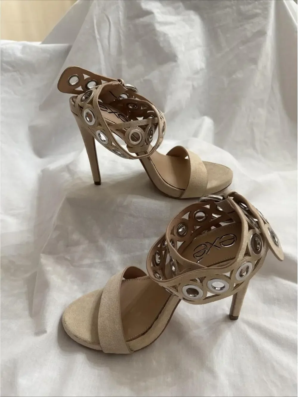Exé Women’s Nude Beige High Heel Sandals – Real Leather – Size 38 (US 7.5)
